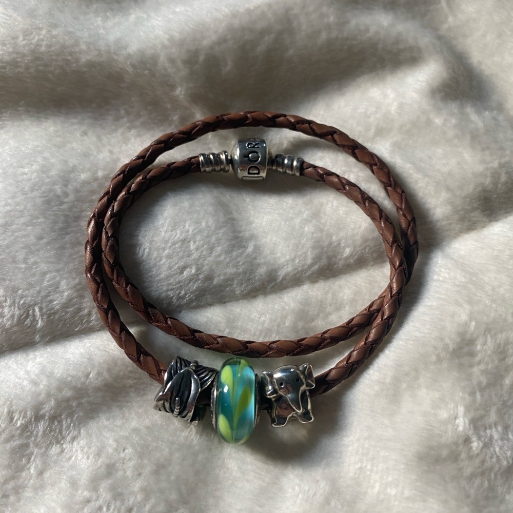 Pandora Brown Braided Leather Wrap Bracelet with Sterling Silver Charms